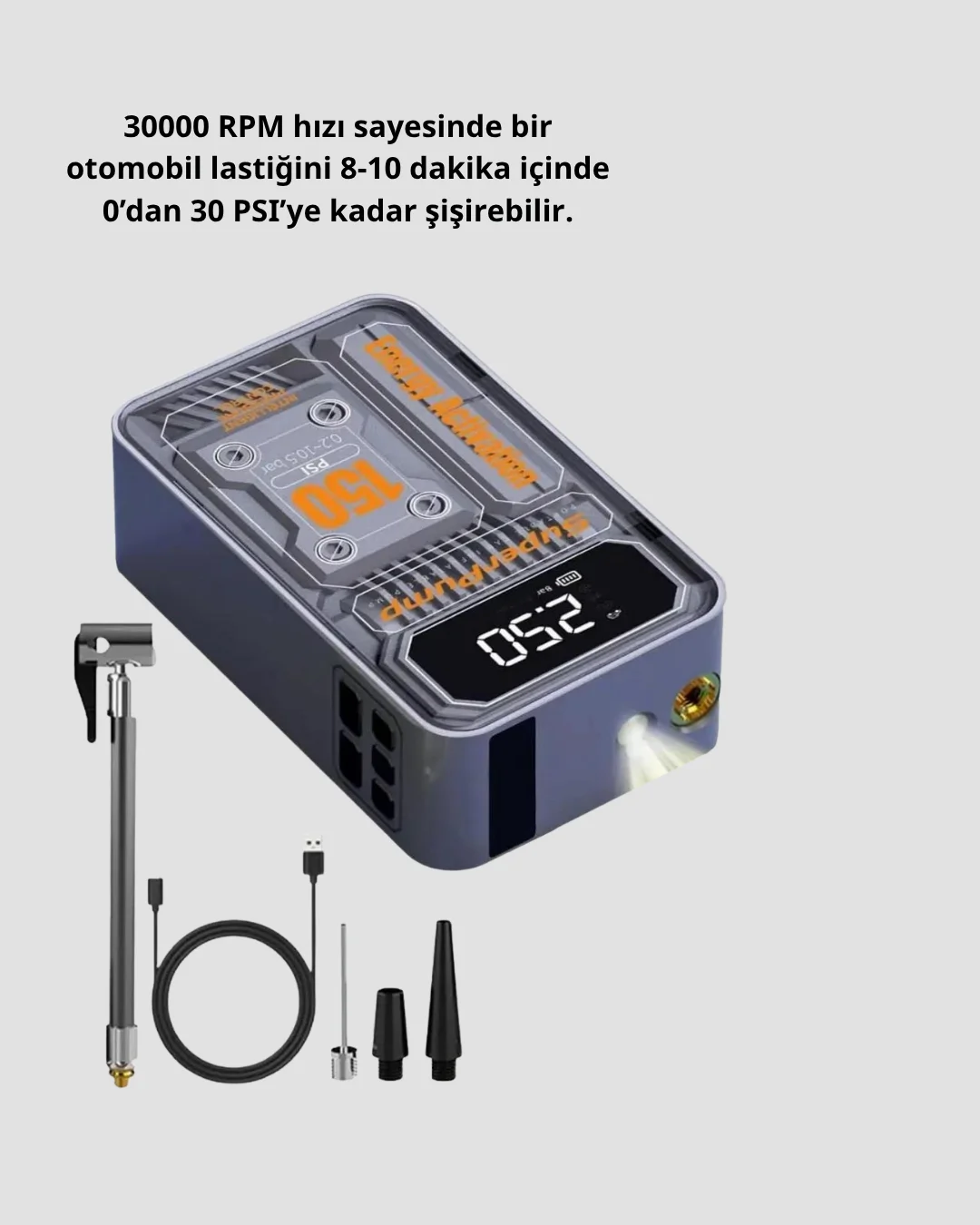 Şarjlı Kablosuz Hava Pompası – 150 PSI Basınç, LED Ekran ve 6000mAh Batarya