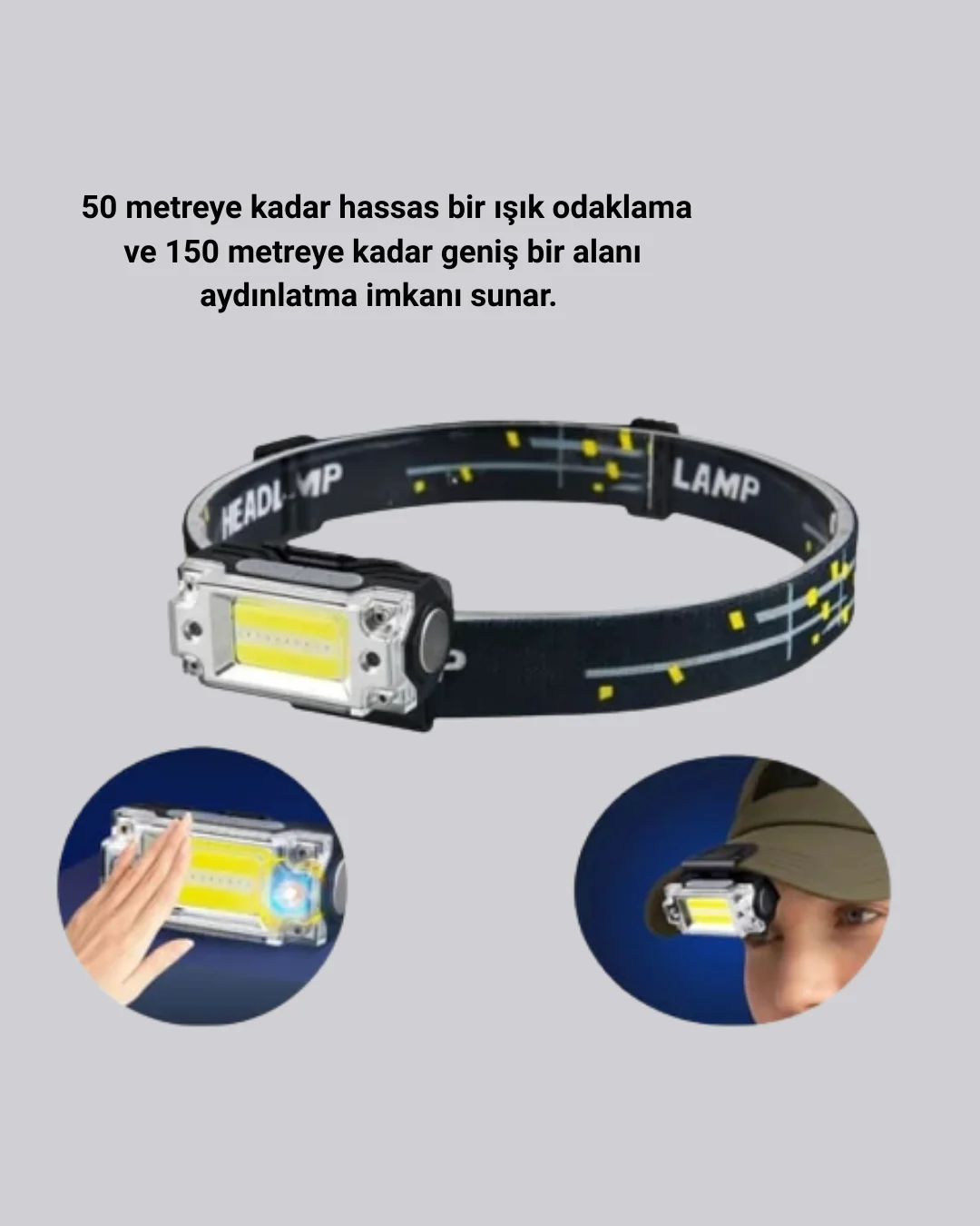 Beyaz Led Işık Sensörlü Kafa Lambası Lityum Batarya Led El Fenerli Şarjlı
