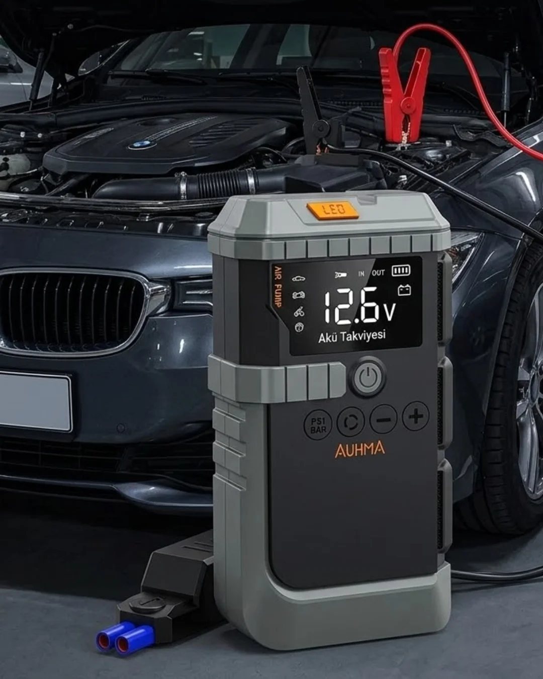 Taşınabilir Araç Çalıştırma Jump Starter Hava Pompası Dijital Basınç Göstergeli Güç Bankası