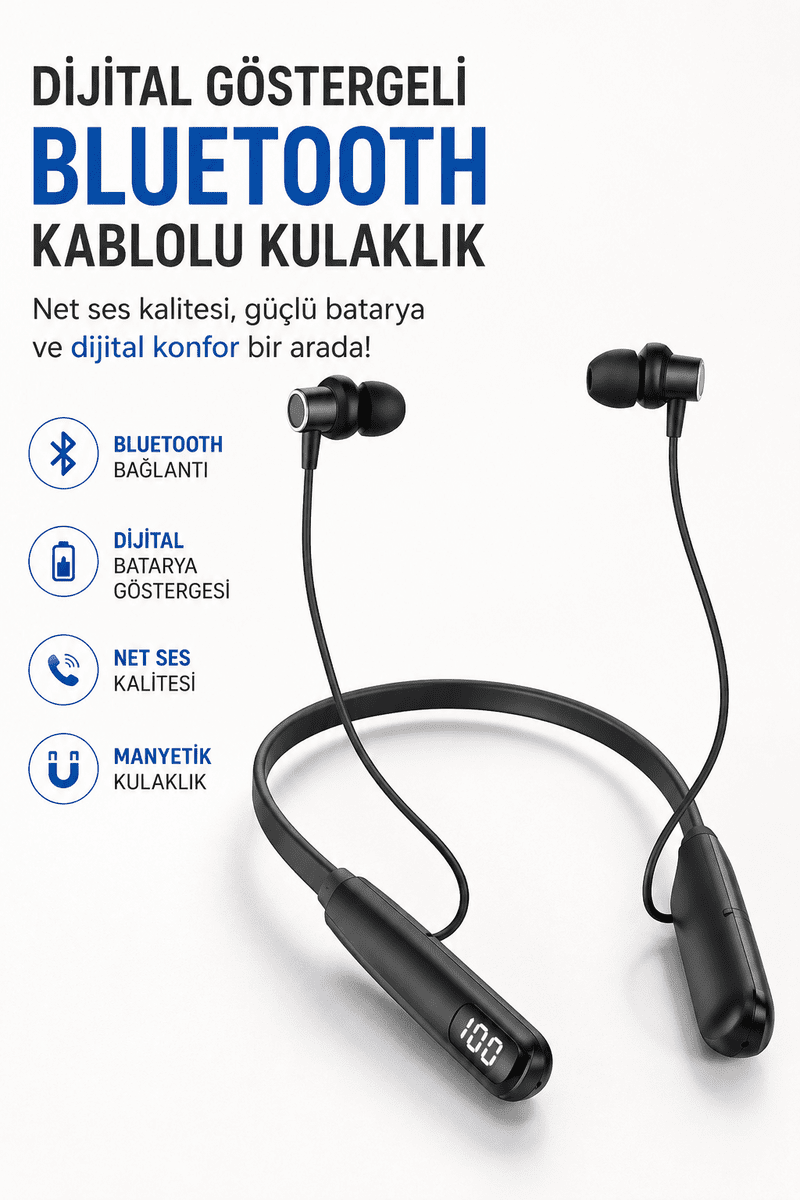 Dijital Batarya Göstergeli Bluetooth Özellikli Boyun Askılı Kulaklık