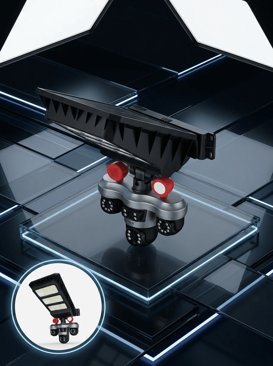 Güneş Enerjili 3 Lens Akıllı Güvenlik Kamerası LED Projektörlü Dış Mekan Koruma Sistemi