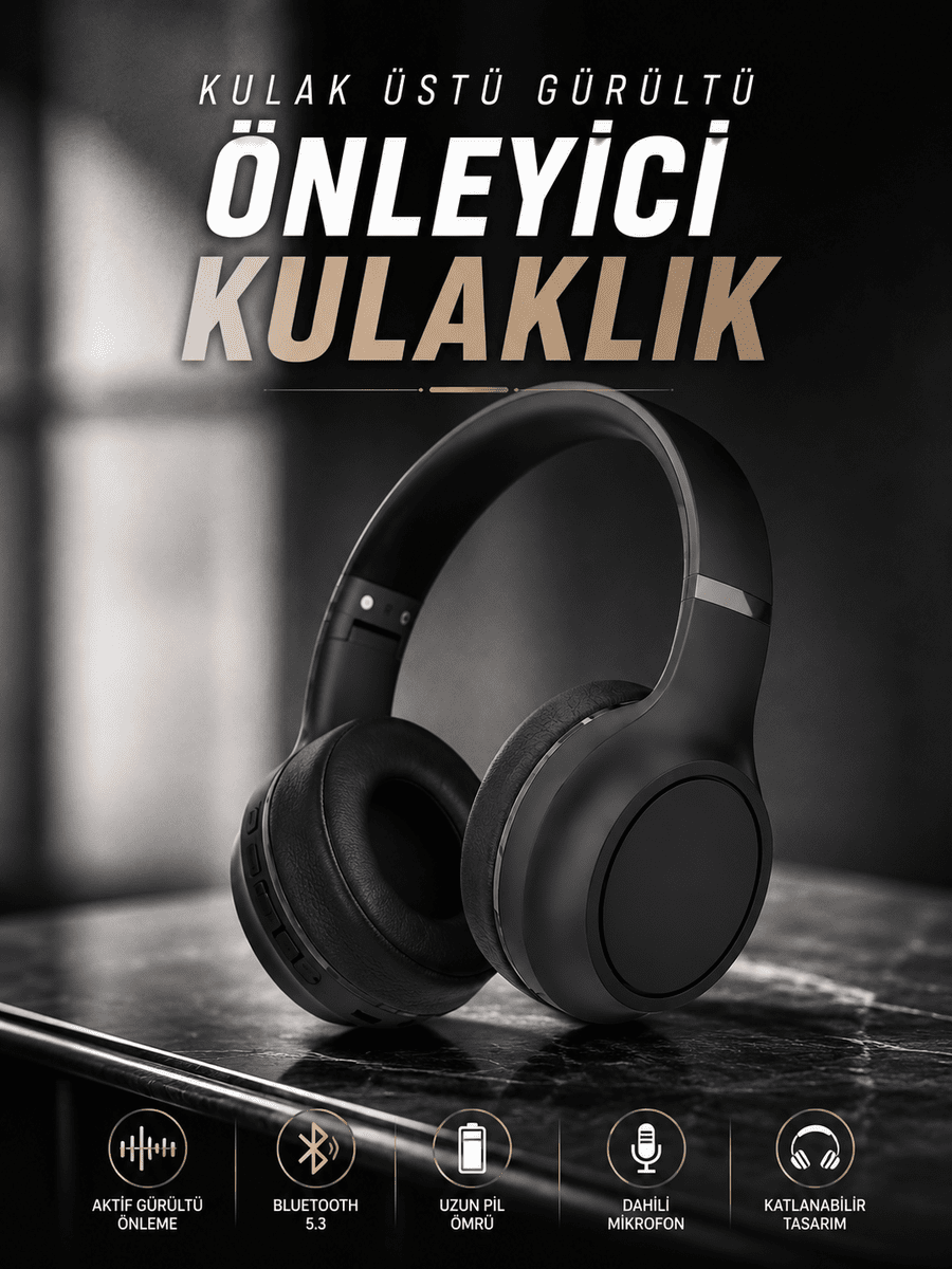 Kulak Üstü Kablosuz Bluetooth Kulaklık Gürültü Önleyici Ayarlanabilir