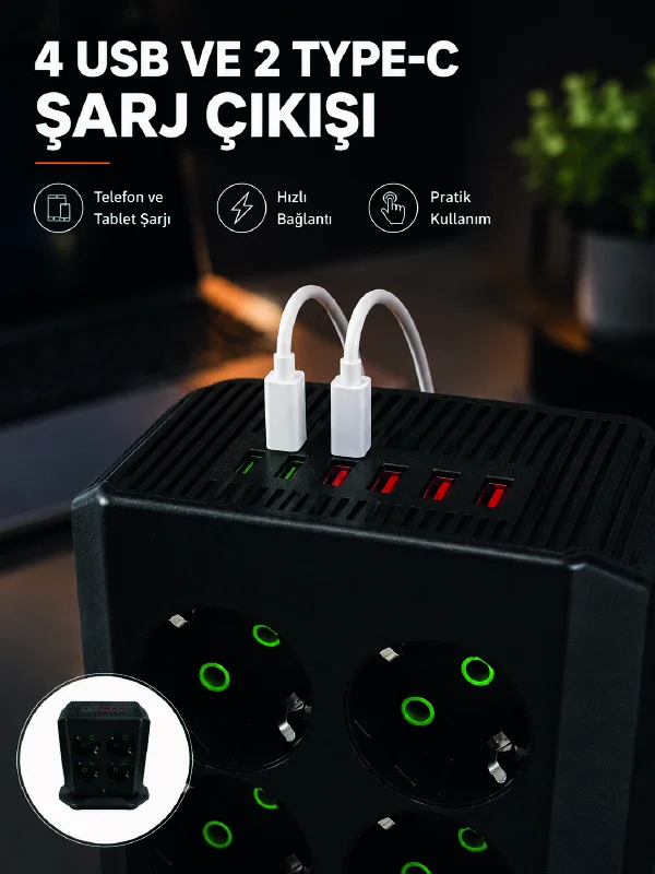 8'li Dikey Çoklu Priz 4 USB 2 Type-C Akım Korumalı Anahtarlı Priz