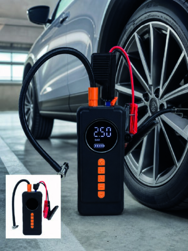 4'ü 1 Arada Akü Takviye Cihazı Dijital Lastik Şişirme Kompresörü 10000mAh Powerbank ve LED Fener