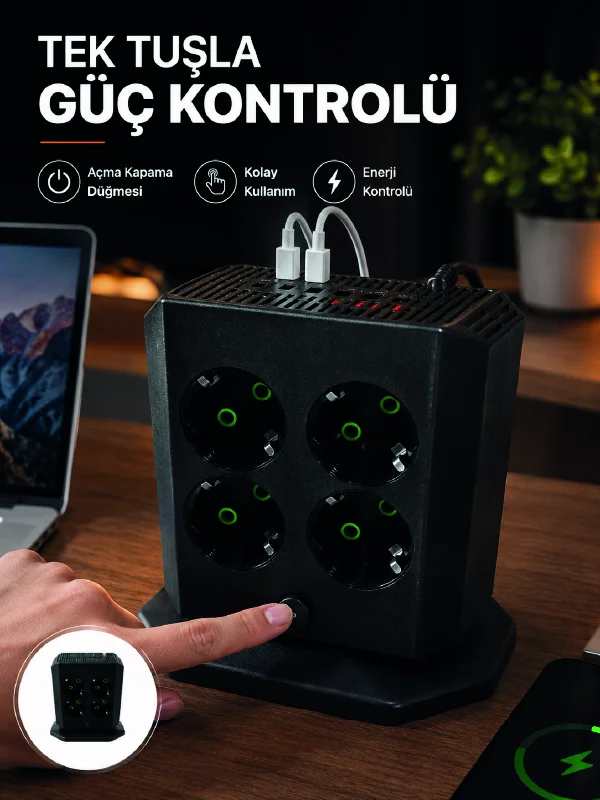 Akım Korumalı 8'li Dikey Priz 4 USB 2 Type-C Hızlı Şarj Destekli Çoklu Priz