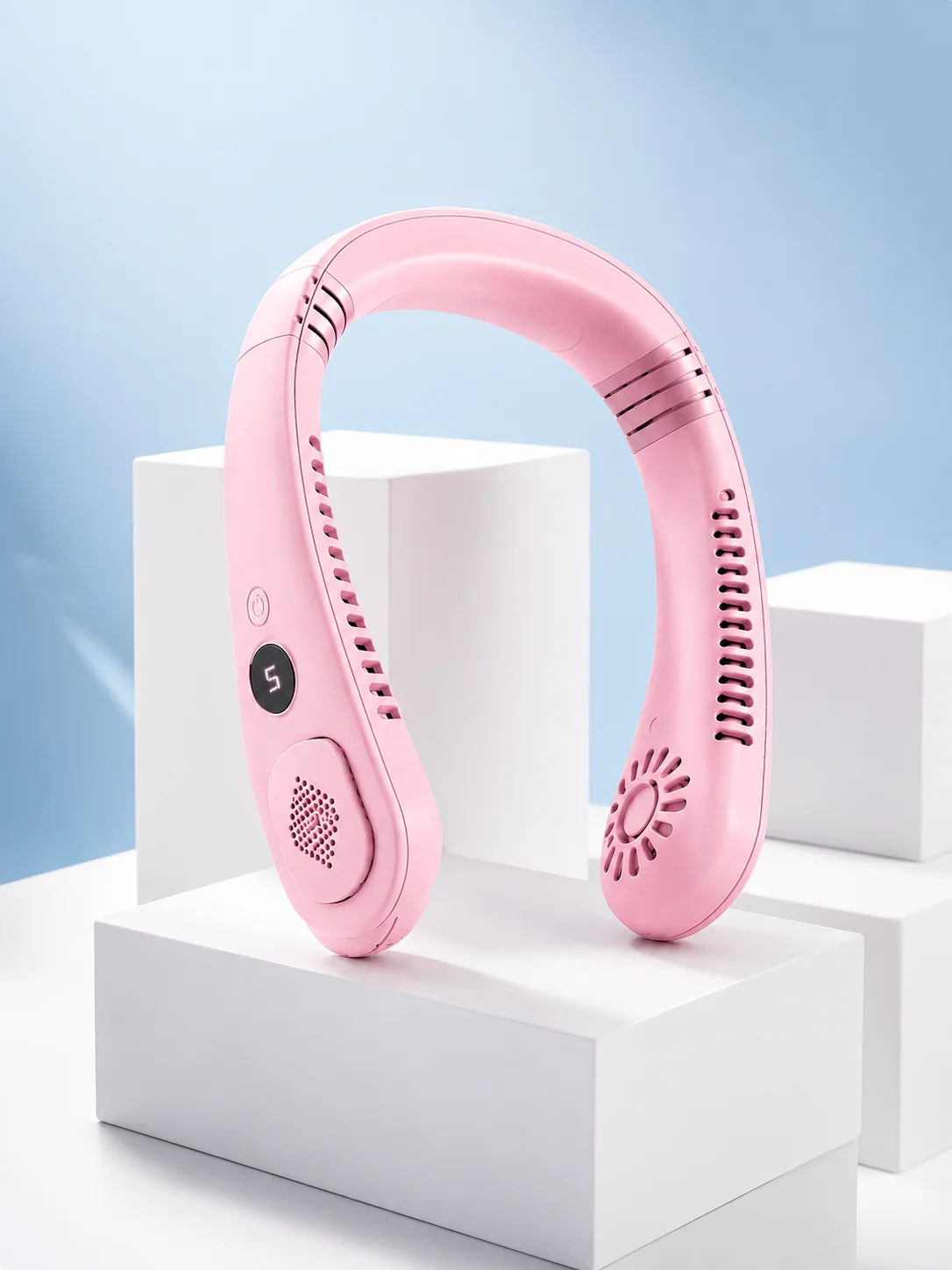 Pembe Taşınabilir Boyun Fanı Ergonomik Tasarım Çok Kademeli Hava Akışı
