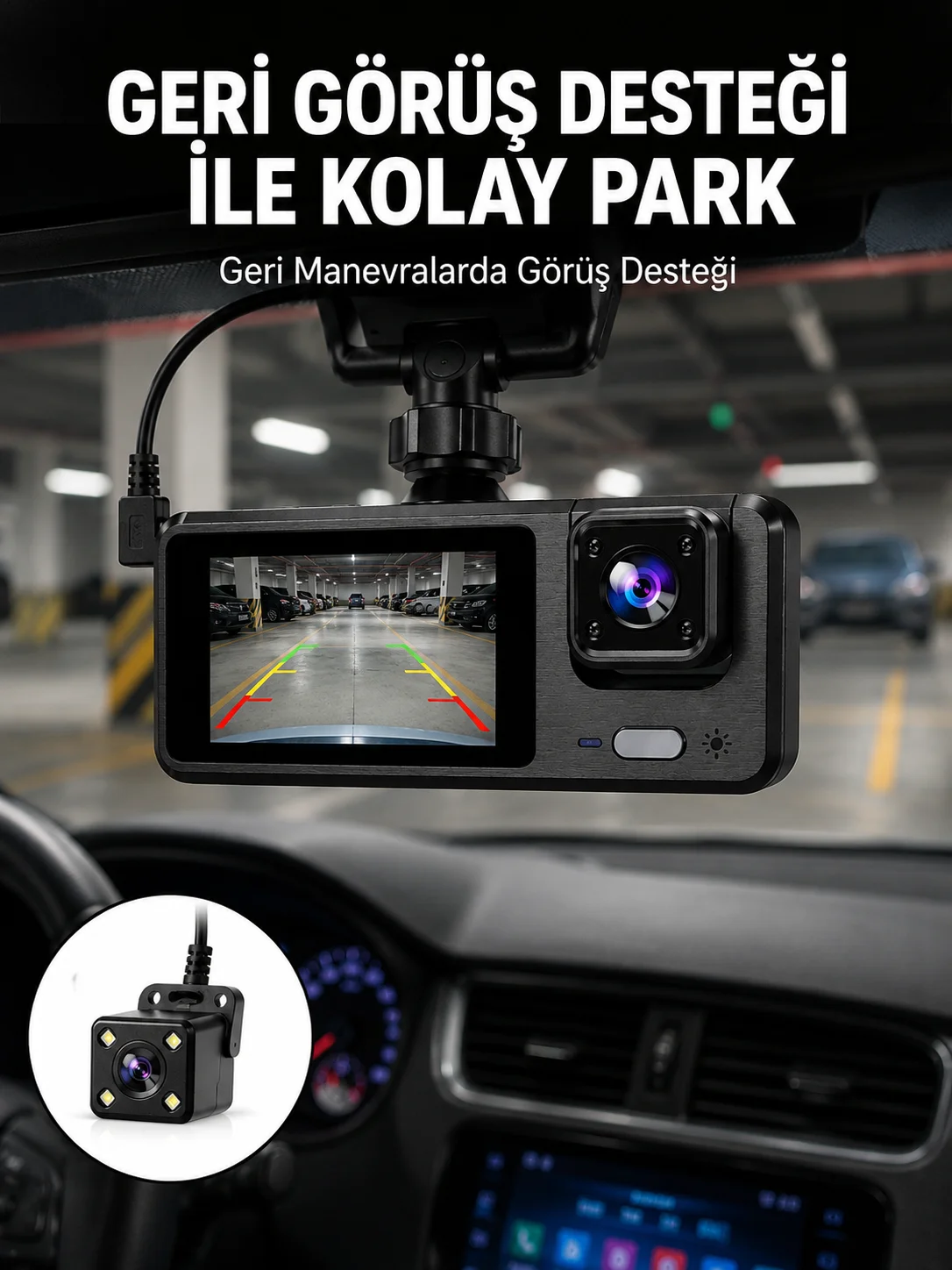 1080P 3 Kameralı Araç DVR – Döngü Kayıt ve Geri Görüş Özellikli Yeni Nesil