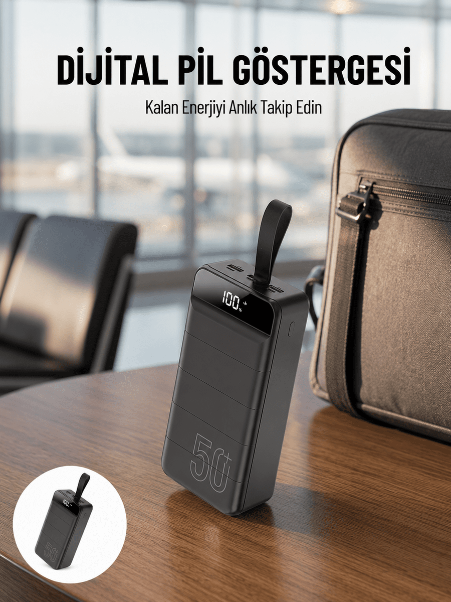 Powerbank 50.000 Mah Dijital Göstergeli Taşınabilir 4 Portlu Hızlı Powerbank Yeni Nesil