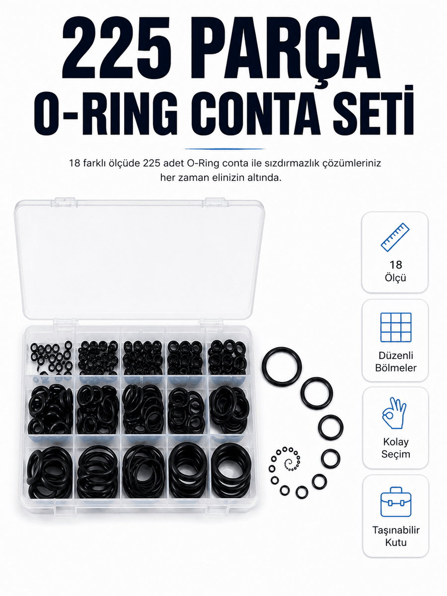 225 Parça Profesyonel O-Ring Conta Kiti Su, Yağ ve Hava Sızdırmazlık Tamir Seti