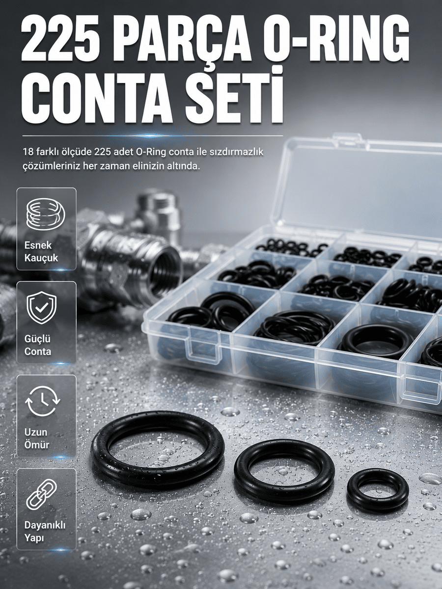 Organizer Kutulu O-Ring Conta Seti 225 Parça | Dayanıklı Kauçuk Sızdırmazlık Contaları