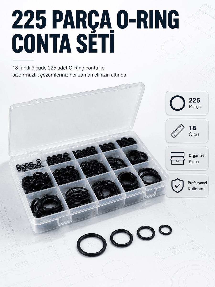 225 PCS O-Ring Conta Seti Profesyonel Tamir, Bakım ve Sızdırmazlık Çözümü