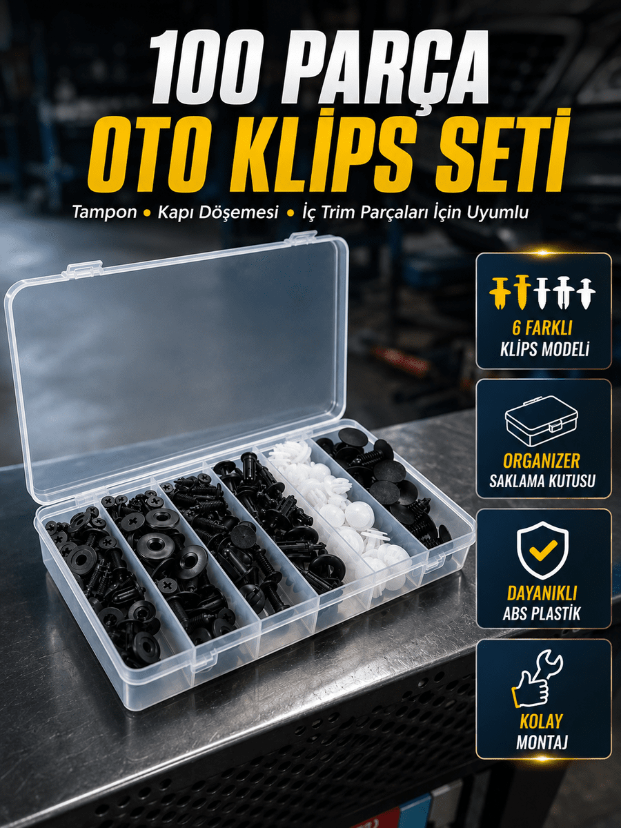 100 Parça Oto Döşeme Klipsi Seti Tampon, Kapı Paneli ve Plastik Trim Sabitleme Klipsleri