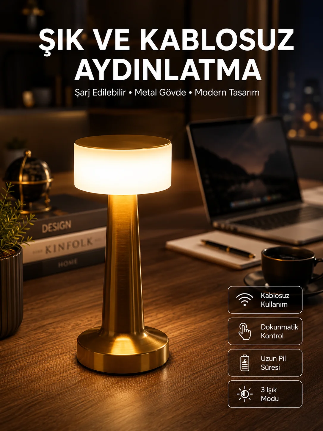 Altın Rengi Masa ve Gece Lambası Dokunmatik Şarjlı Masa Lambası