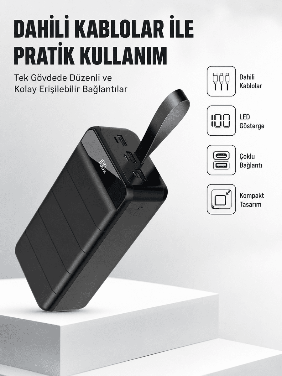 50.000 mAh Kapasiteli Powerbank – Hızlı Şarj Destekli, 4 USB Portlu, LED Işıklı Taşınabilir Enerji Deposu