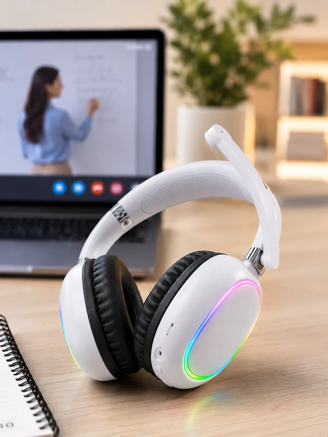 RGB Işıklı Mikrofonlu Bluetooth Kulaklık Beyaz Over-Ear Tasarım Type-C Şarjlı