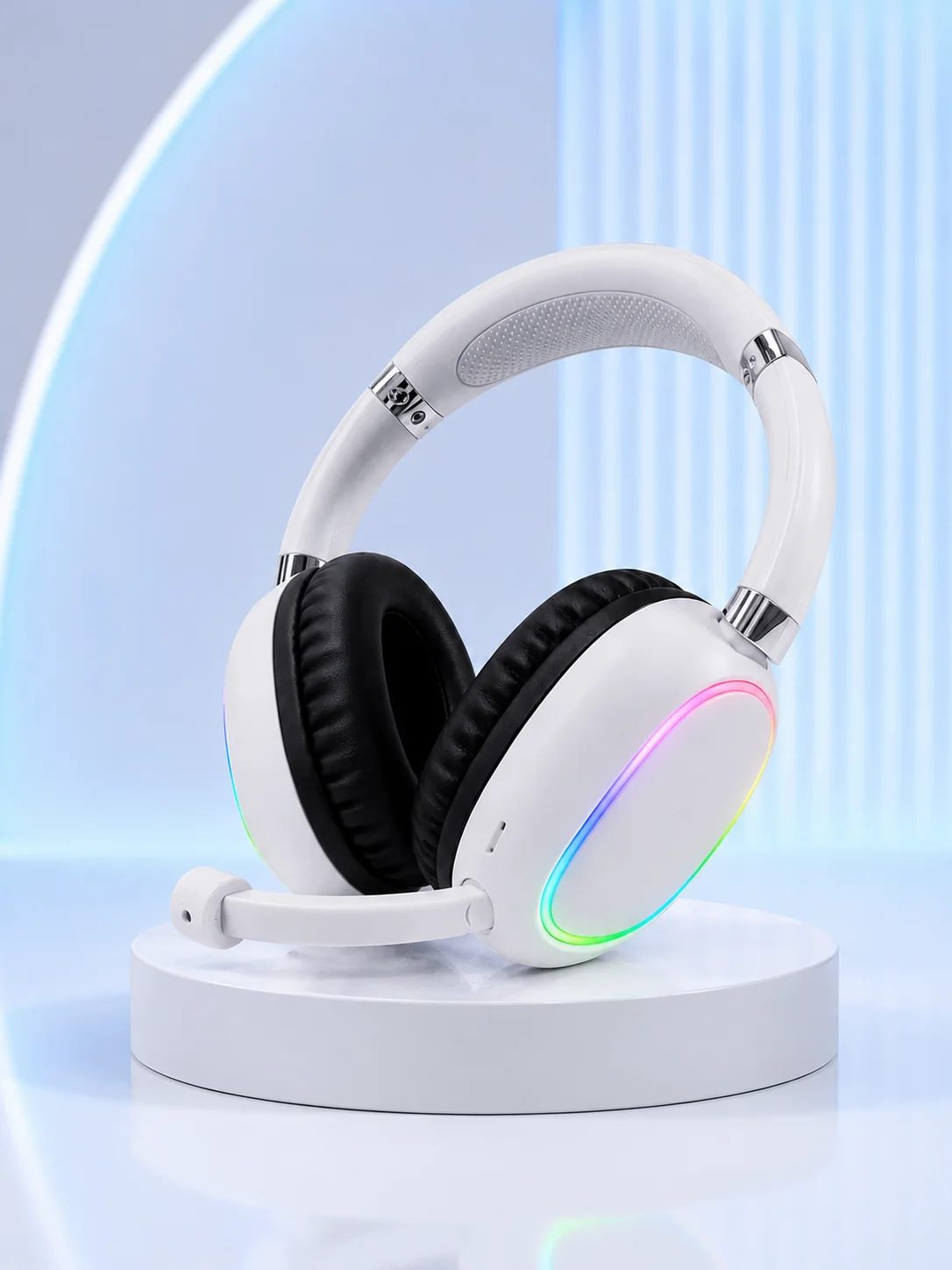 RGB Işıklı Mikrofonlu Bluetooth Kulaklık Beyaz Over-Ear Tasarım Type-C Şarjlı