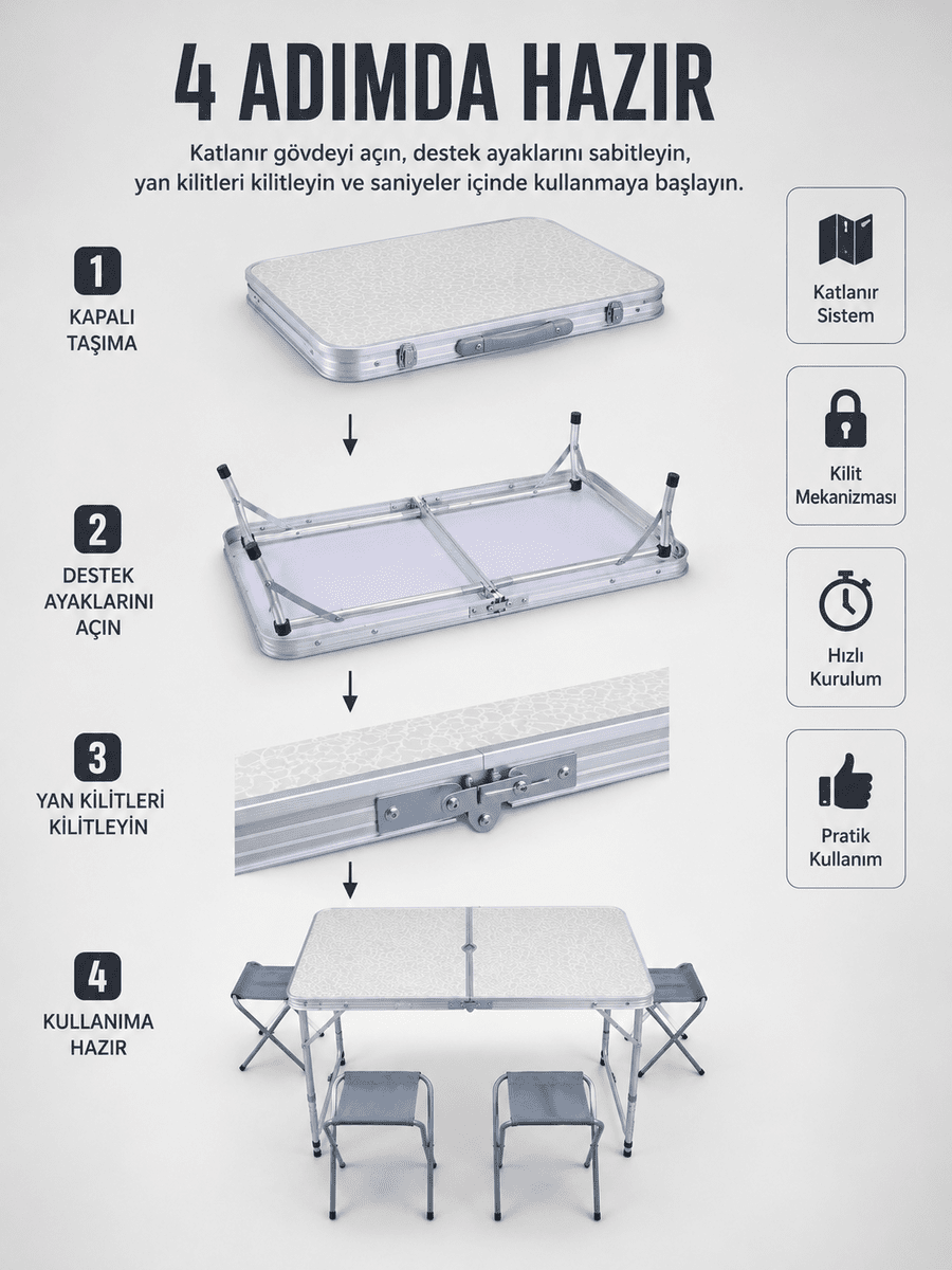 Valiz Tipi Katlanabilir Piknik Masası 4 Tabureli Taşınabilir Kamp Masası