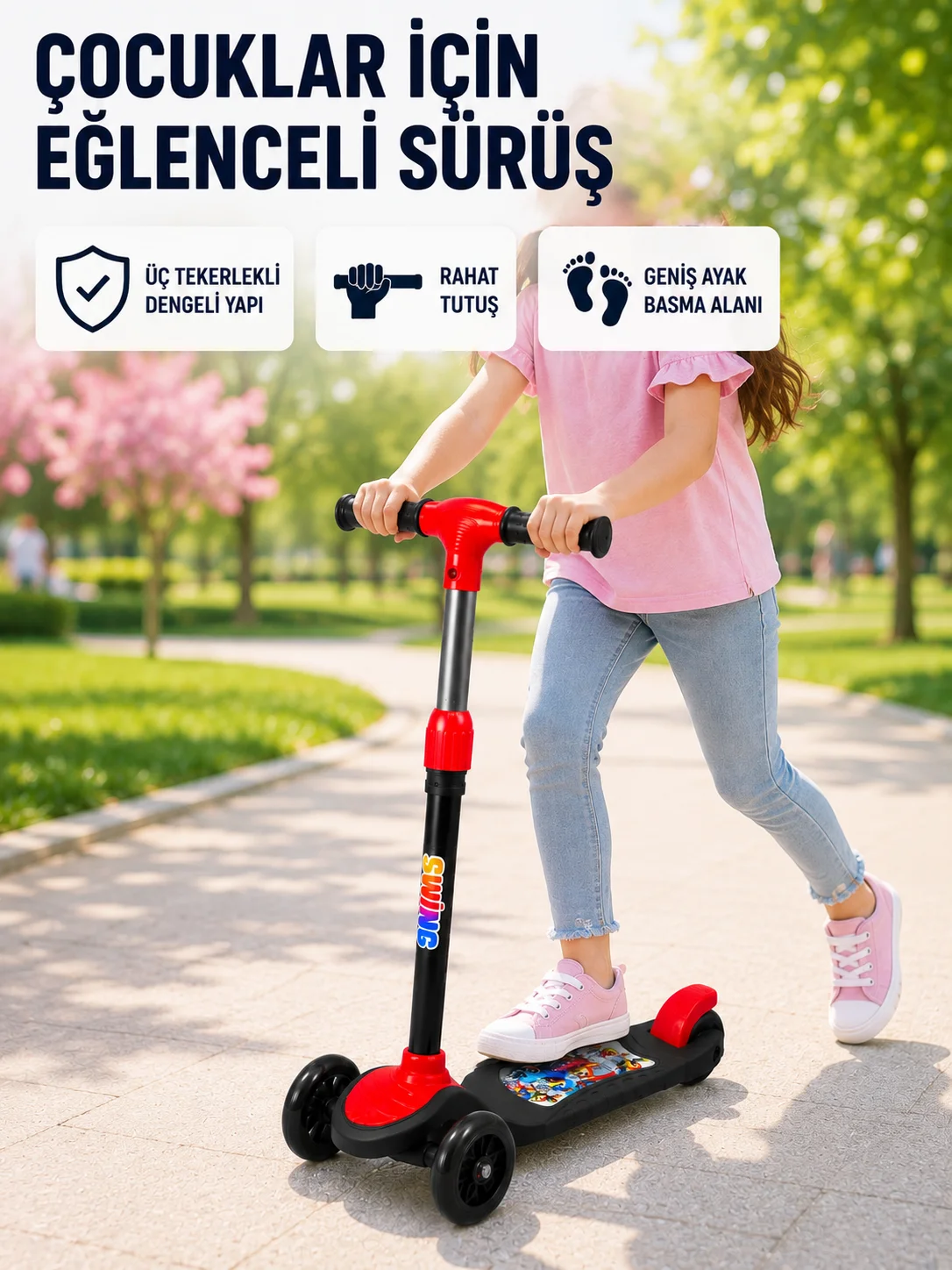 Çocuk Scooterı 3 Tekerlekli Denge Destekli Ayarlanabilir Gidonlu Çocuk Skuteri