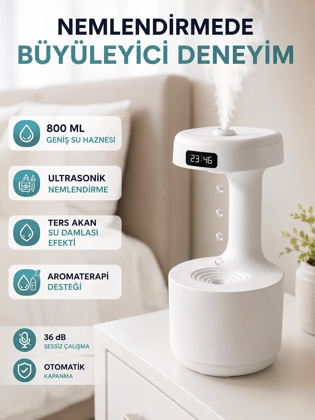 Anti Yerçekimi Su Damlası Hava Nemlendirici 800 ml Ultrasonik Aroma Difüzör