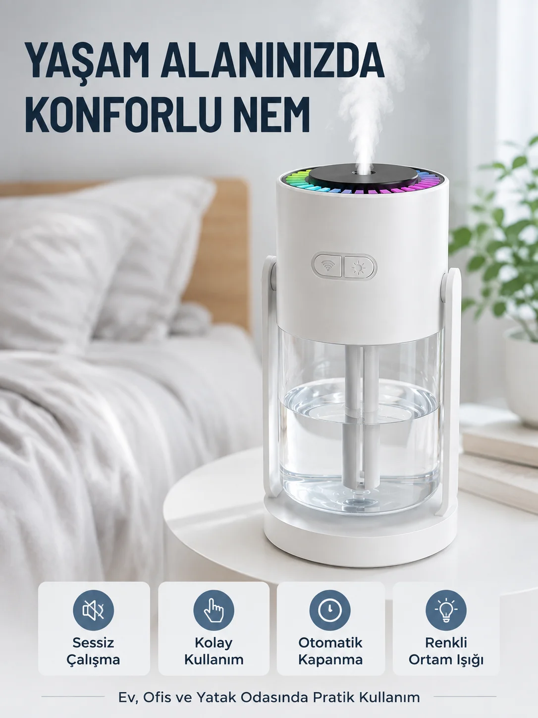 Ultrasonik Hava Nemlendirici Renkli LED Işıklı Sessiz Oda Nemlendirme Cihazı