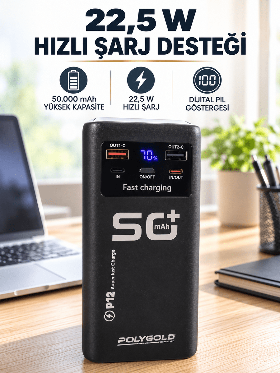 Yüksek Kapasiteli 50.000 mAh Powerbank 22,5 W Hızlı Şarj 4 Dahili Kablo LED Aydınlatma