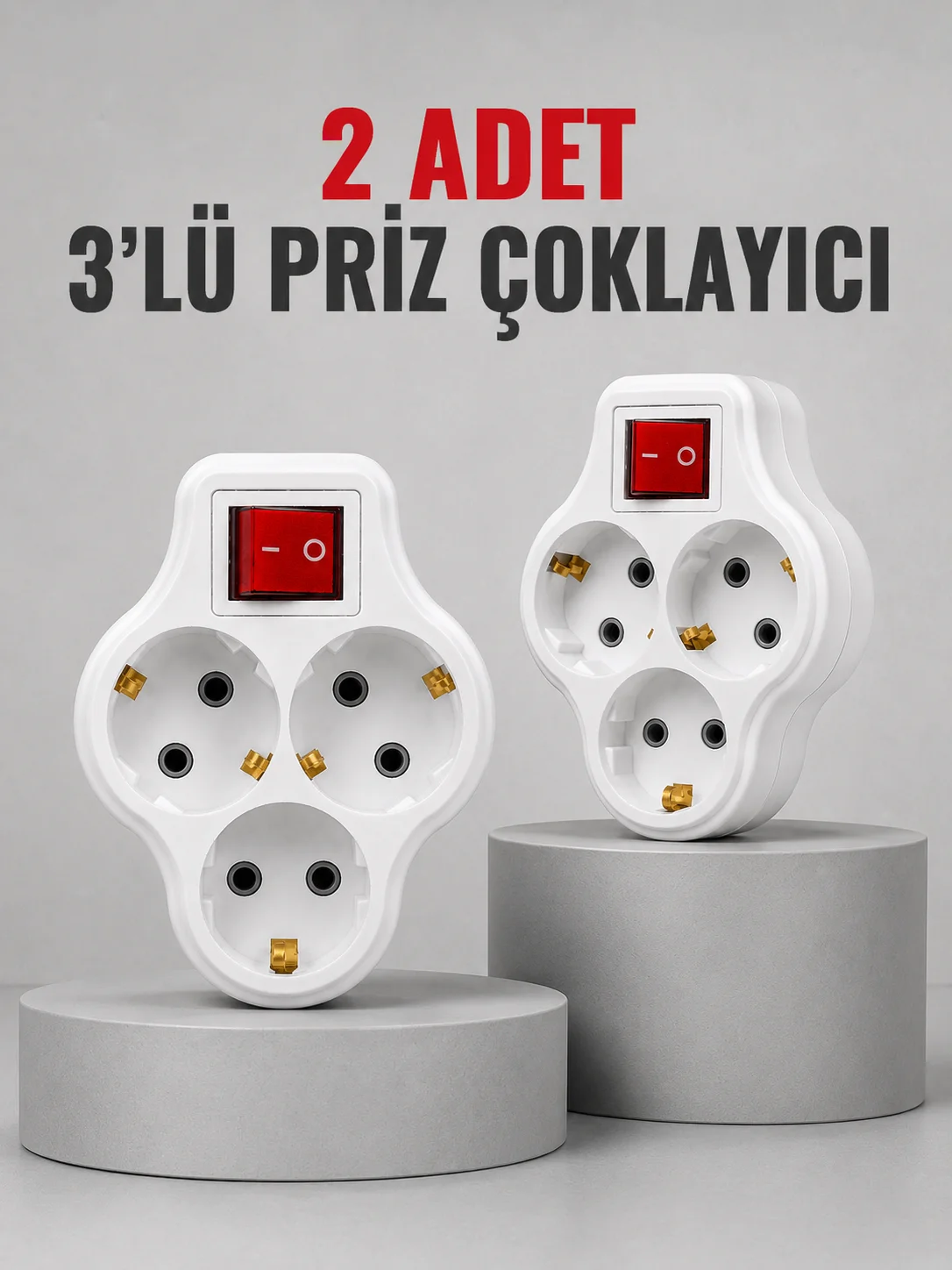 Direkt Duvar Prizine Takılan 3’lü Priz Adaptörü Anahtarlı Priz Çoklayıcı 2 Adet
