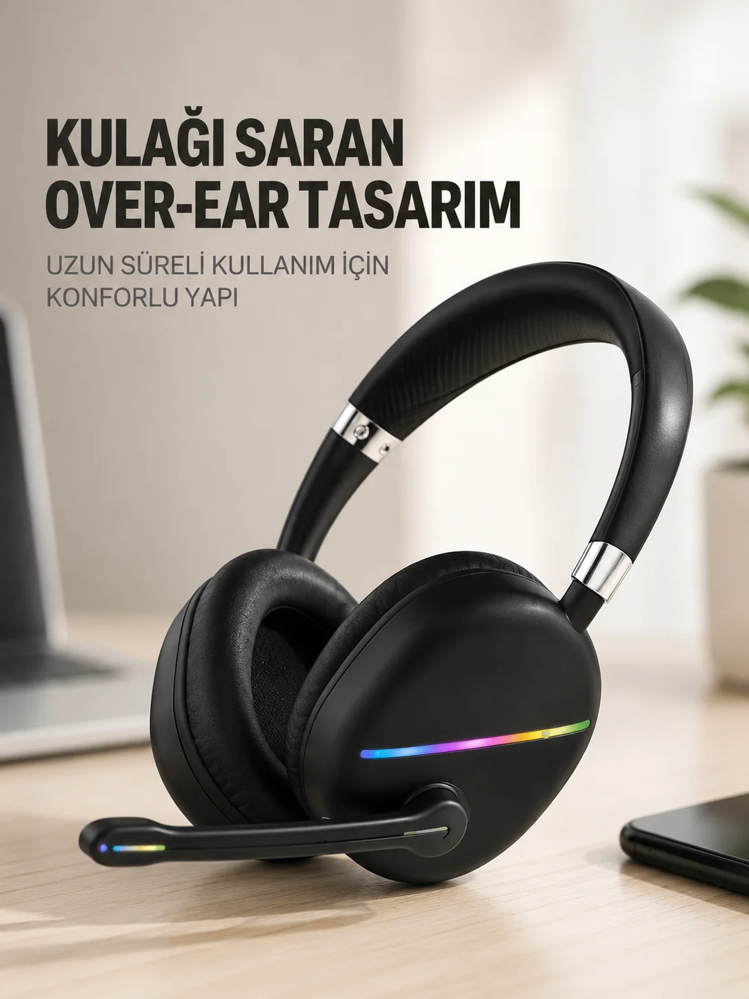 RGB Işıklı Bluetooth Mikrofonlu Kulaklık Uzun Süreli Kullanım Type-C Şarjlı