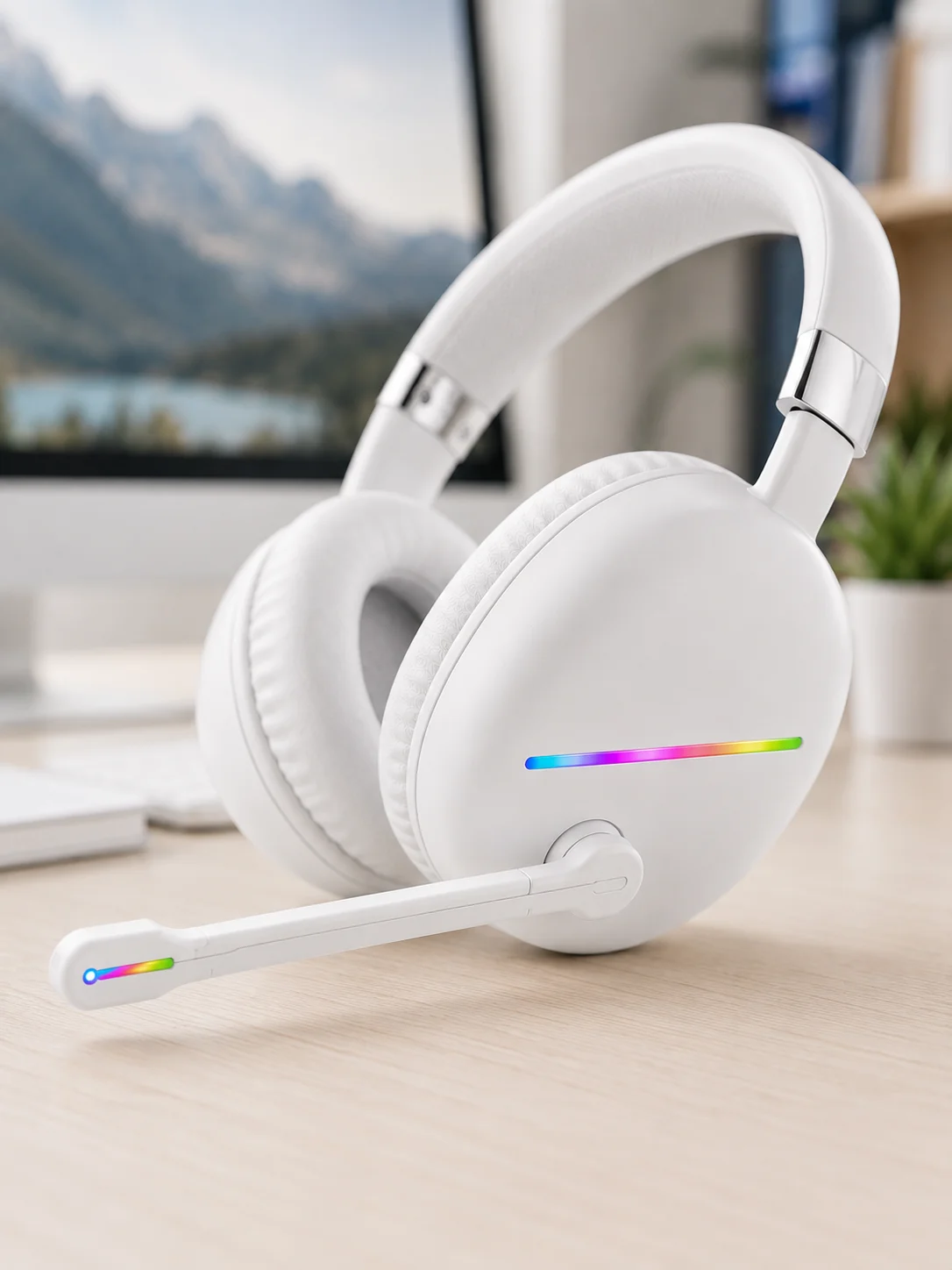 Beyaz Bluetooth 5.0 Mikrofonlu Kablosuz Kulak Üstü Kulaklık RGB Işıklı Type-C Şarjlı