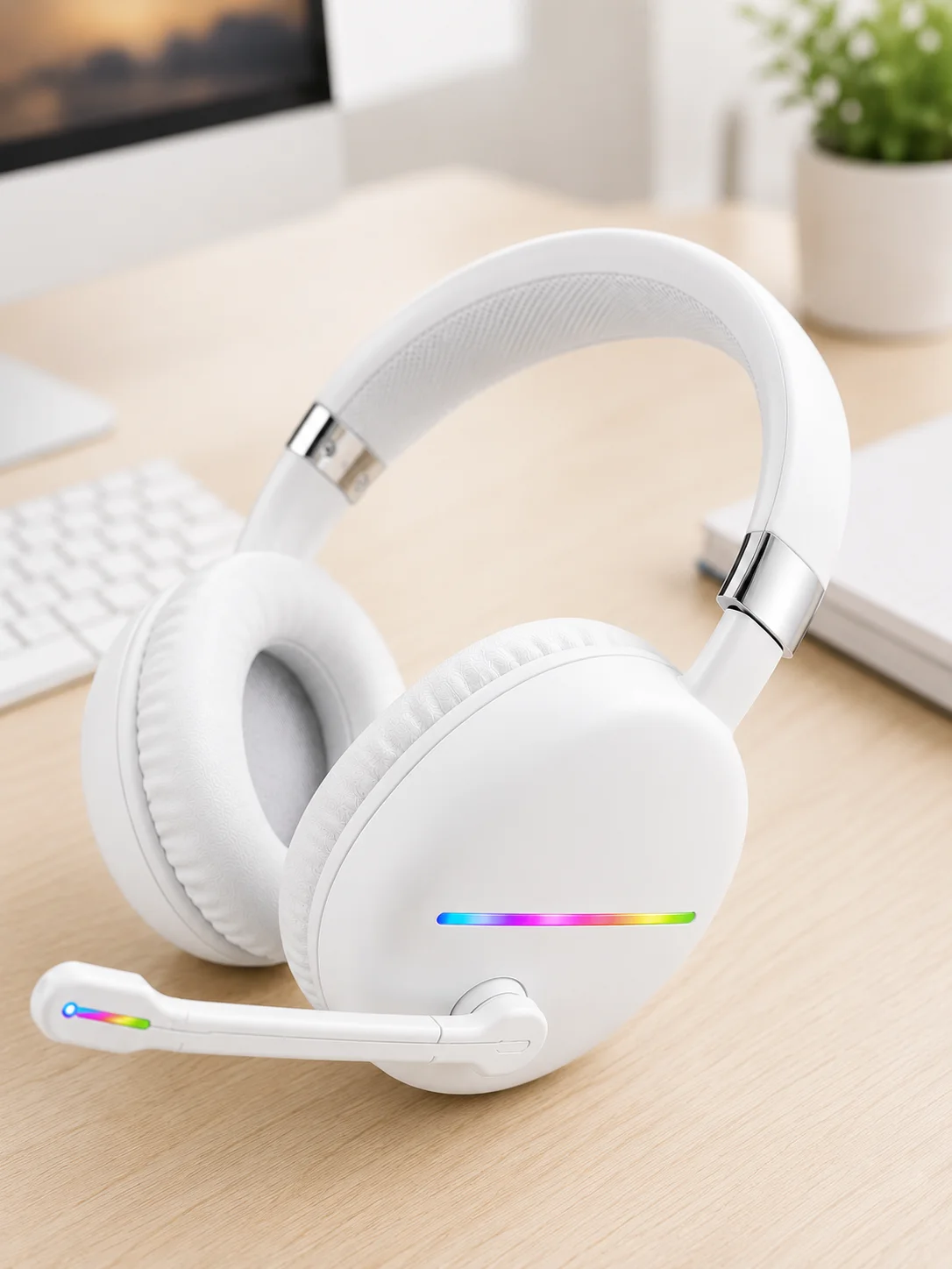 Kablosuz Bluetooth Mikrofonlu Beyaz Kulaklık RGB Işıklı