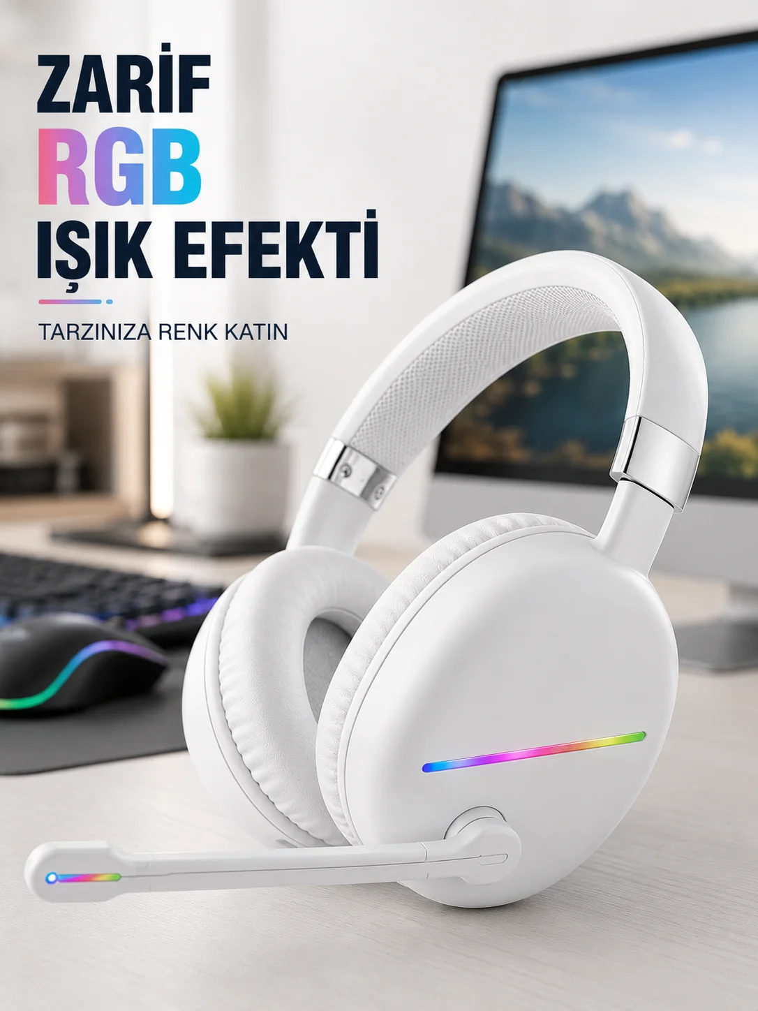 Bluetooth 5.0 Beyaz Kulak Üstü Kablosuz Kulaklık Mikrofonlu RGB Aydınlatmalı