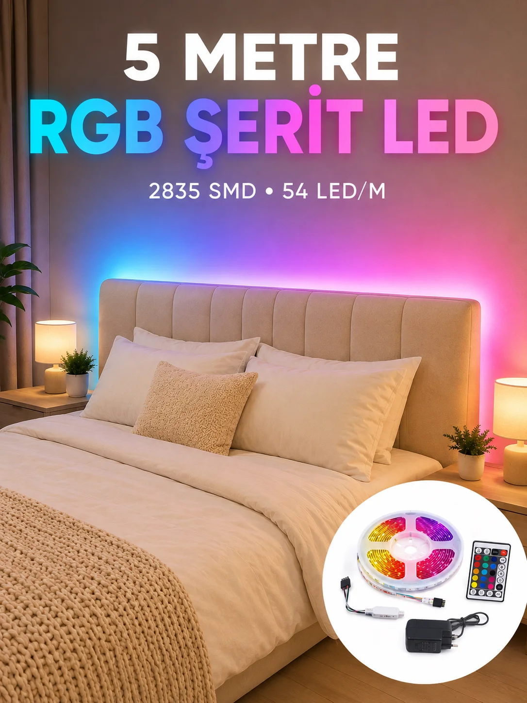 2835 RGB Şerit LED 5 Metre 54 LED/M Uzaktan Kumandalı Renkli Dekorasyon Işığı