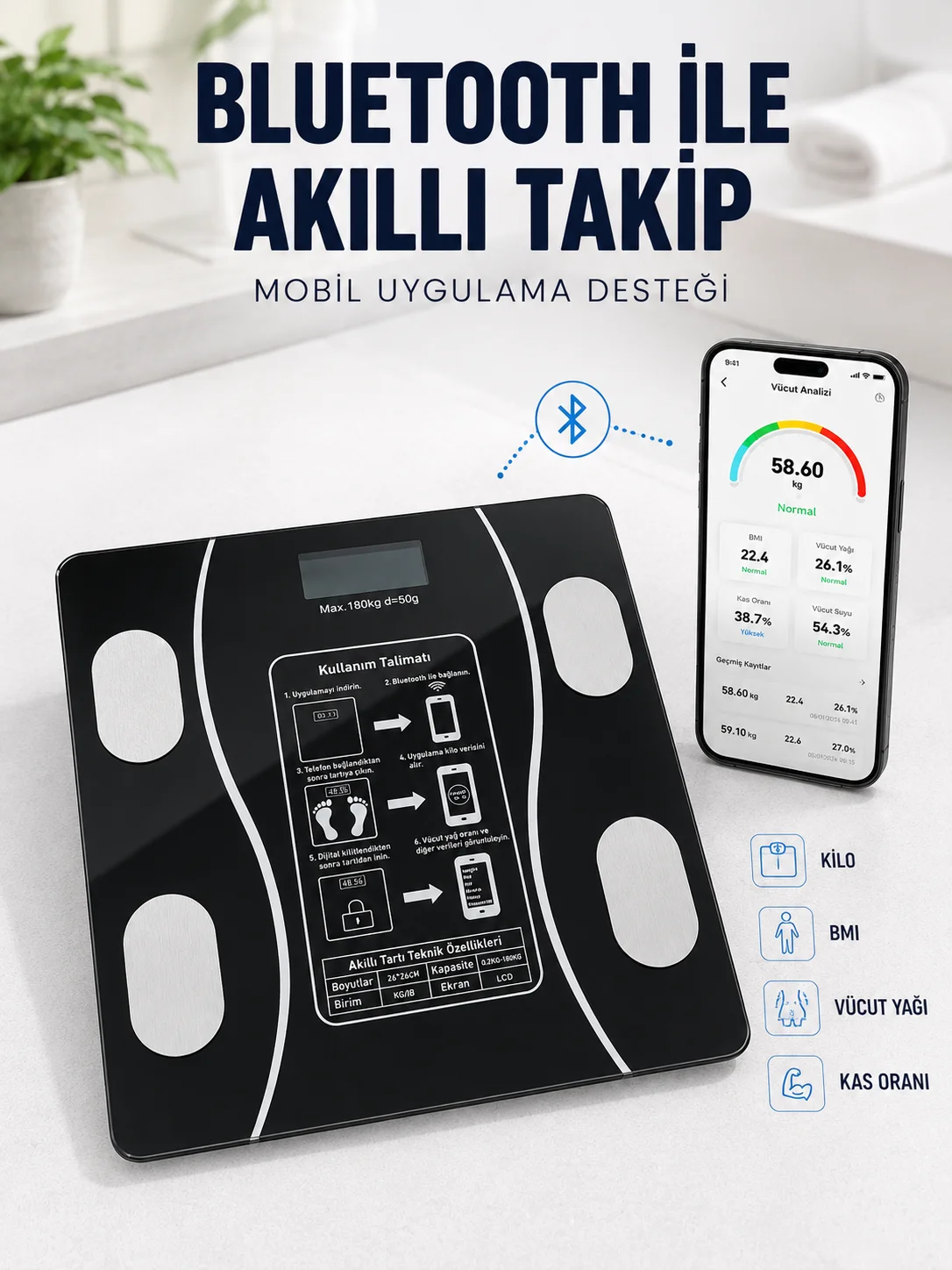 Akıllı Cam Baskül Bluetooth Mobil Uygulamalı Vücut Analiz Tartısı 180 Kg LCD Ekran