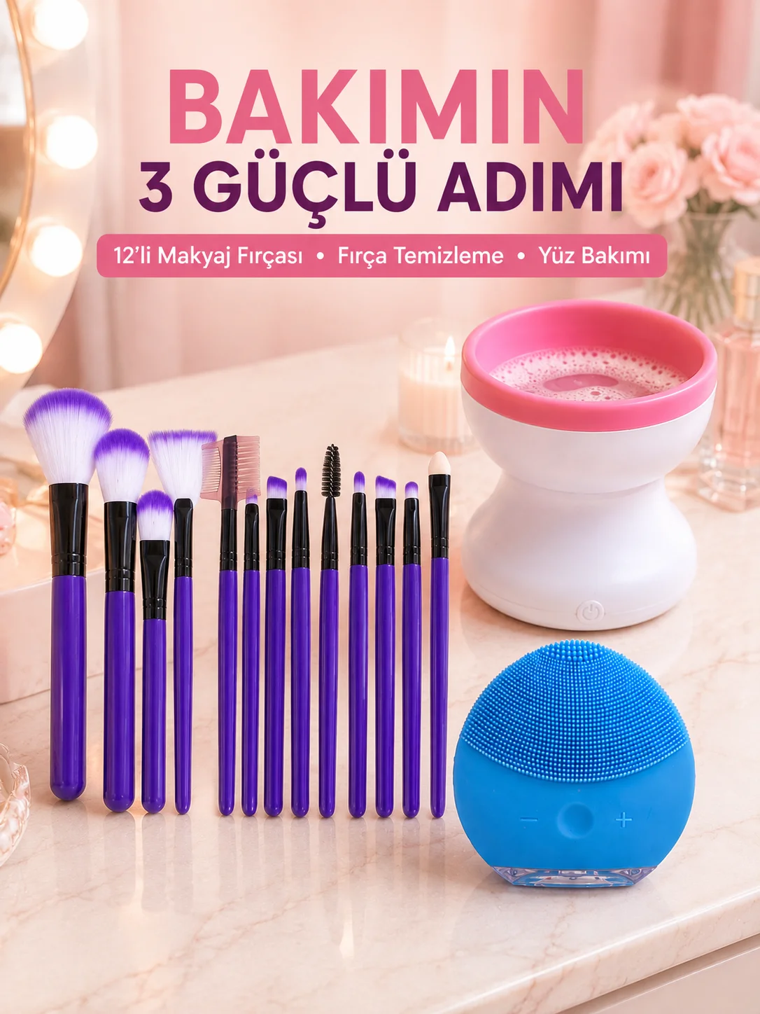 3’lü Güzellik ve Kişisel Bakım Seti 12’li Makyaj Fırçası Fırça Temizleme Cihazı ve Yüz Temizleme Cihazı