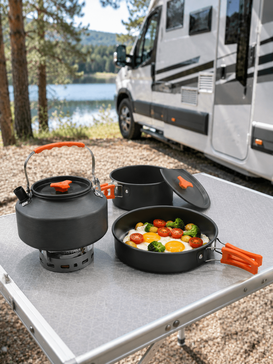 Alüminyum Kamp Pişirme Seti Katlanabilir Kulplu Çaydanlık Tencere Tava Outdoor Yemek Seti