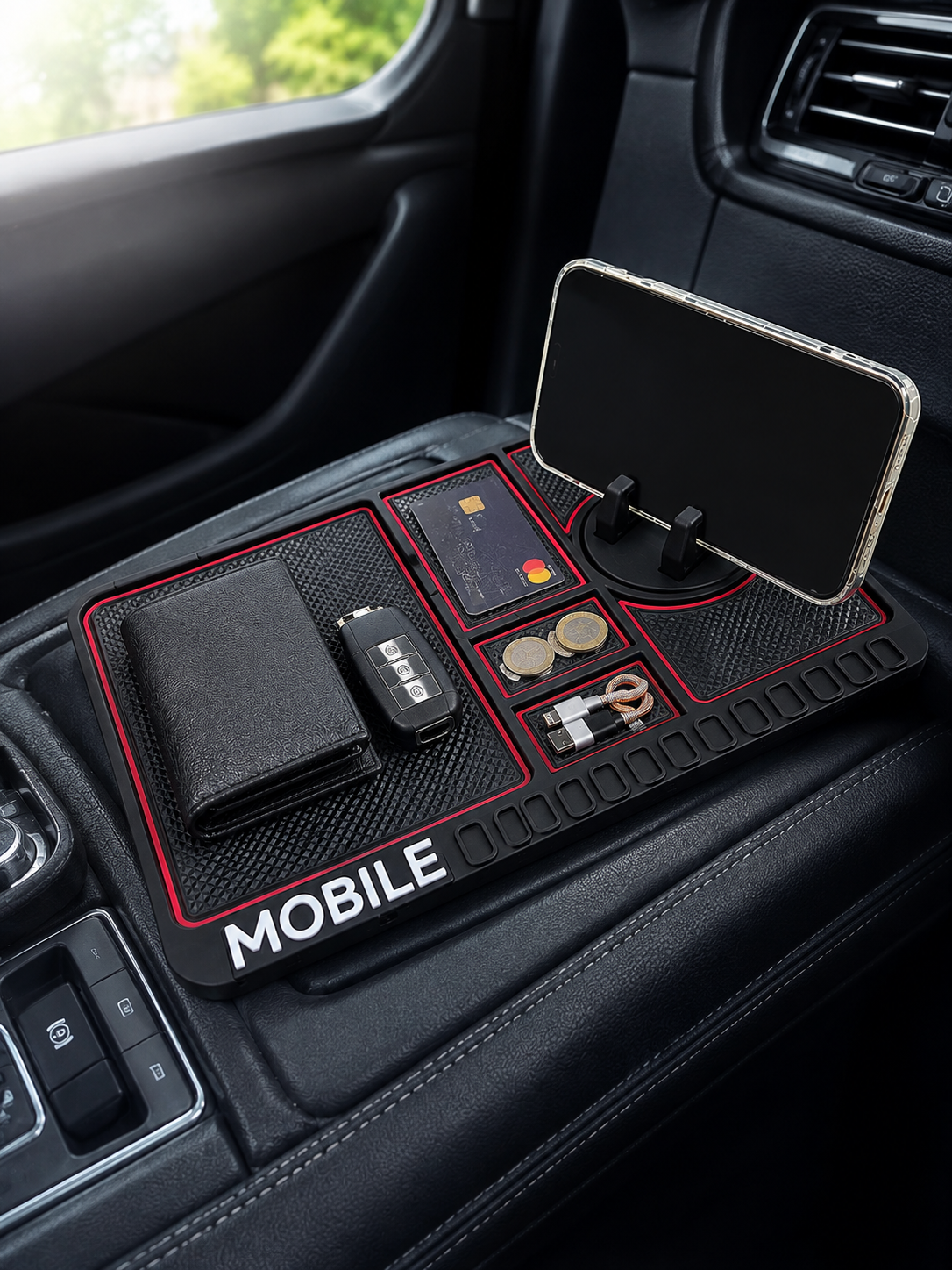 Araç İçi Kaydırmaz Organizer Mat Telefon Standlı Çok Amaçlı Konsol Düzenleyici