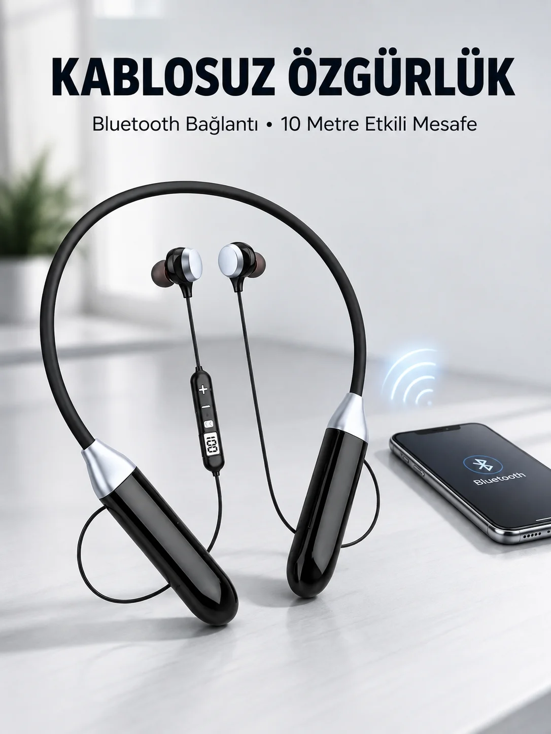 Mikrofonlu Boyun Bantlı Bluetooth Kulaklık Kablosuz Bağlantılı Ses ve Müzik Kontrollü Kulak İçi Kulaklık