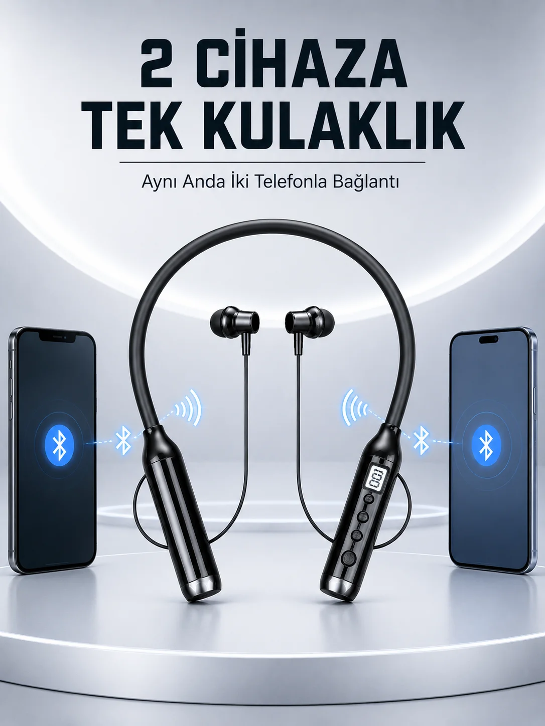 Boyun Bantlı Bluetooth Kulaklık Dijital Ekranlı Mikrofonlu Çift Telefon Bağlantılı Kablosuz Müzik ve Görüşme Kulaklığı