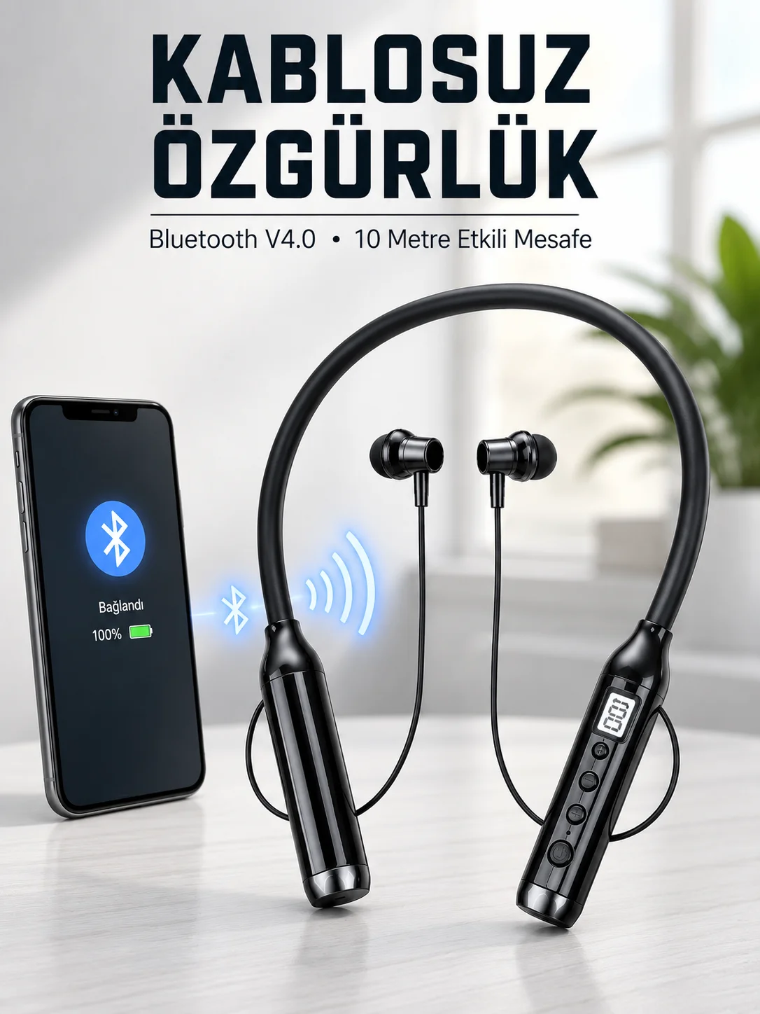Kablosuz Bluetooth Boyun Kulaklığı 10 Metre Menzilli Mikrofonlu Ses Kontrollü Uzun Kullanım Süreli Kulak İçi Kulaklık