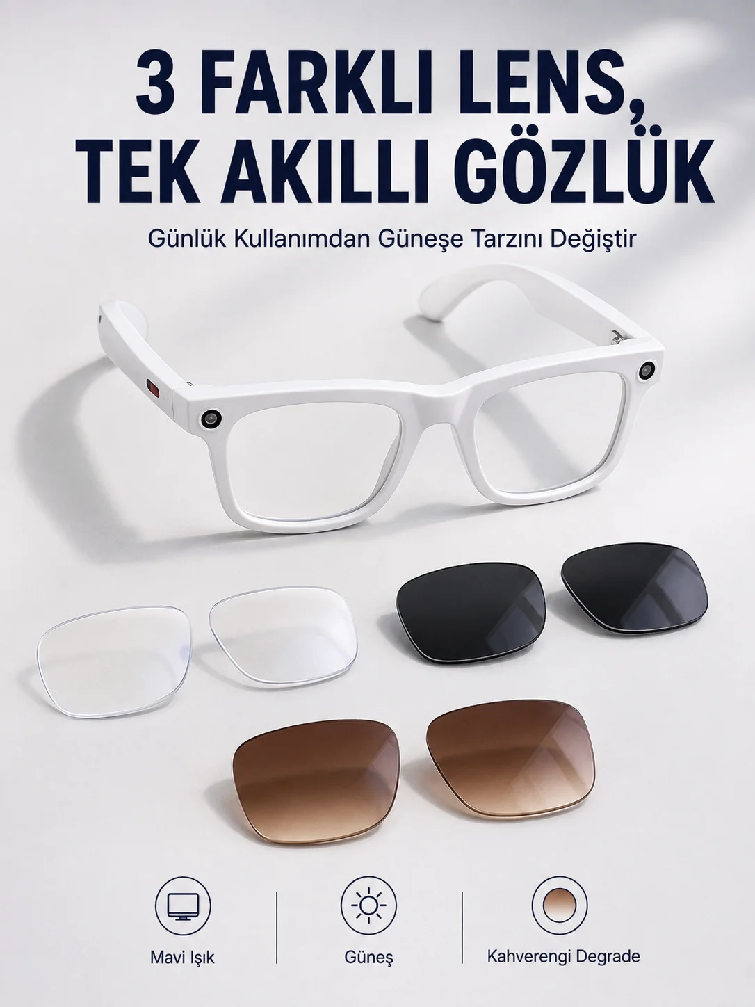 Yapay Zeka Destekli Akıllı Gözlük Dahili Kameralı Bluetooth Müzik ve Arama Özellikli Ses Kontrollü Değiştirilebilir Lensli