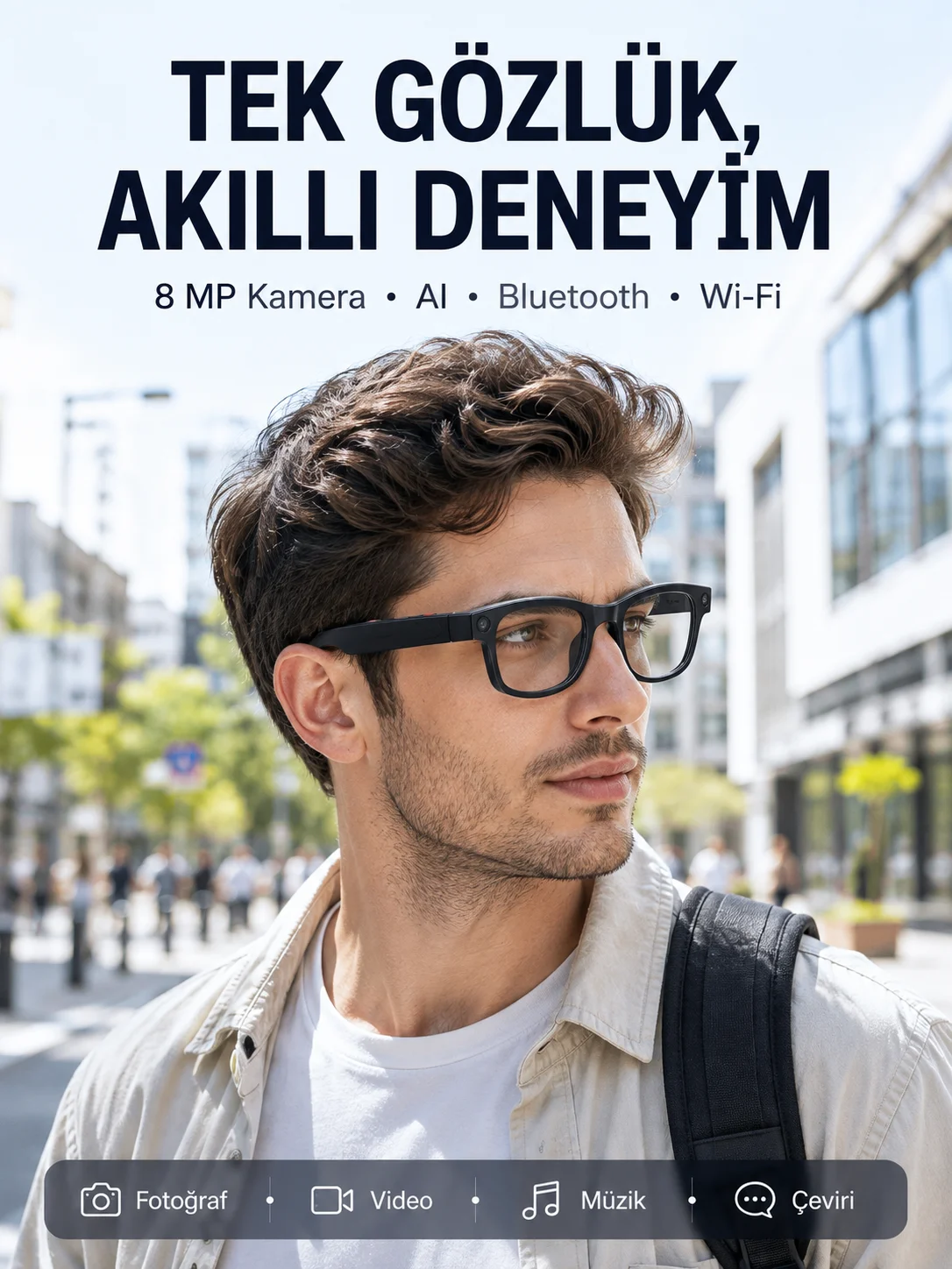 Siyah 8 MP Kameralı Akıllı Gözlük Bluetooth Wi-Fi Bağlantılı Fotoğraf Video Ses Kayıtlı AI Destekli 3 Lensli