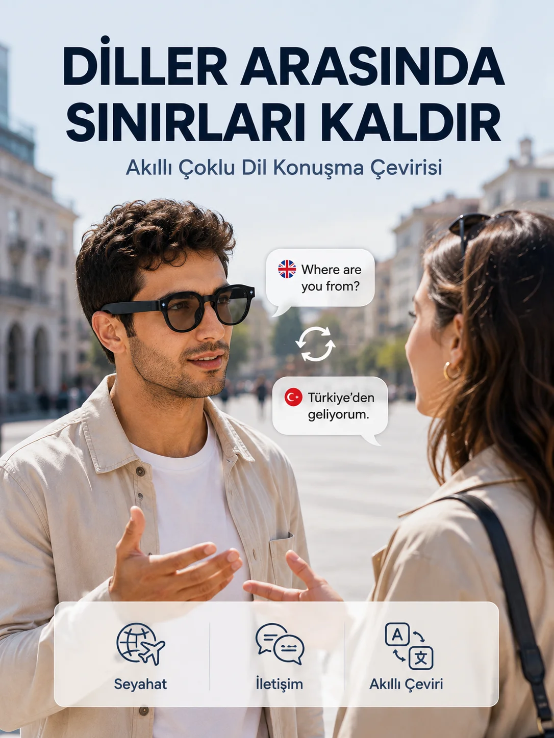 Siyah AI Akıllı Gözlük Fotoğraf Video Ses Kayıtlı Çoklu Dil Çeviri Bluetooth Bağlantılı 3 Lensli