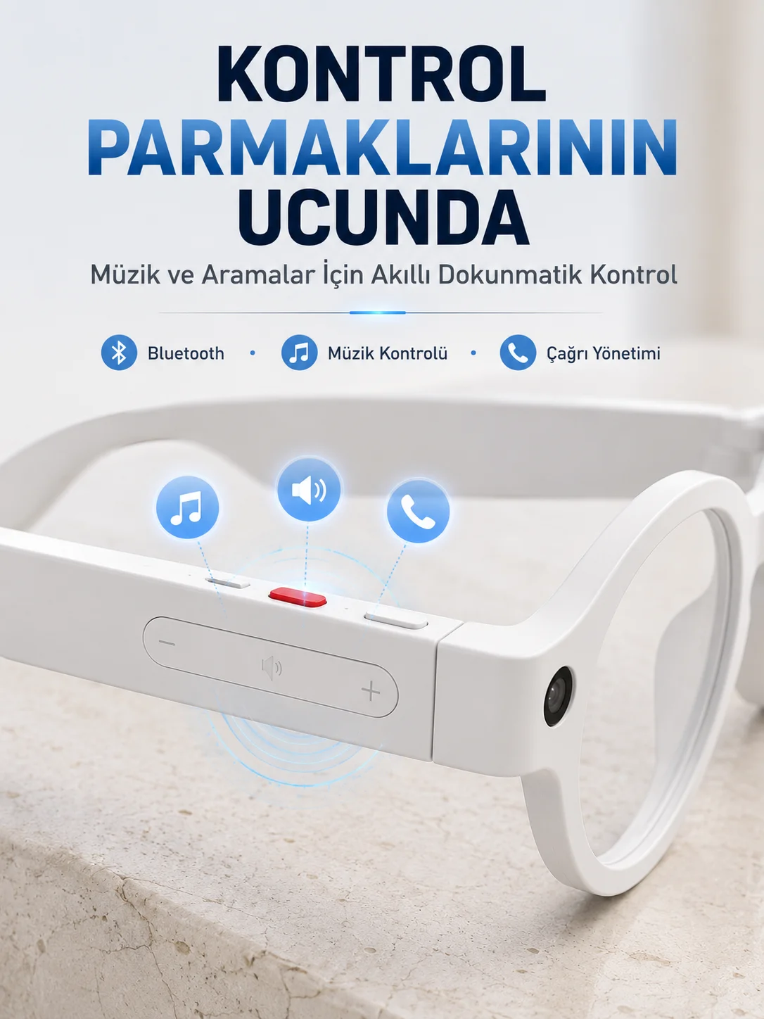 Beyaz Yapay Zeka Akıllı Gözlük Fotoğraf Video Ses Kayıtlı Çoklu Dil Çeviri Bluetooth Bağlantılı 3 Lensli