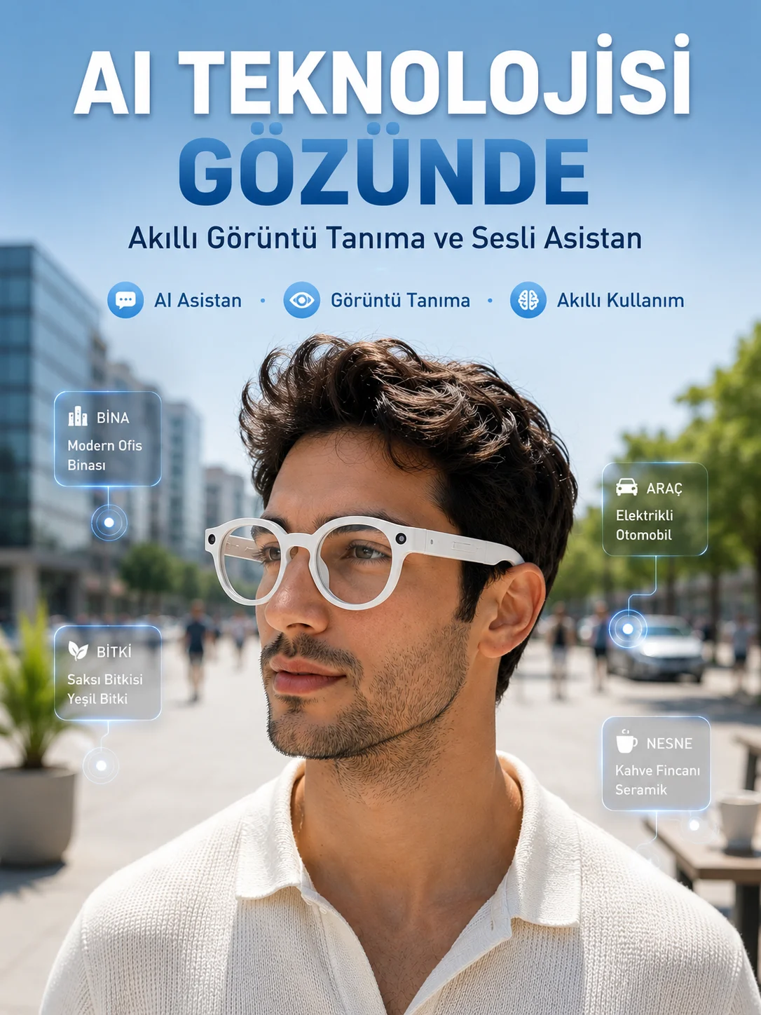 Beyaz 3 Lensli Akıllı Kamera Gözlüğü Yapay Zeka Sesli Asistan Görüntü Tanıma Bluetooth Görüşme ve Müzik Özellikli
