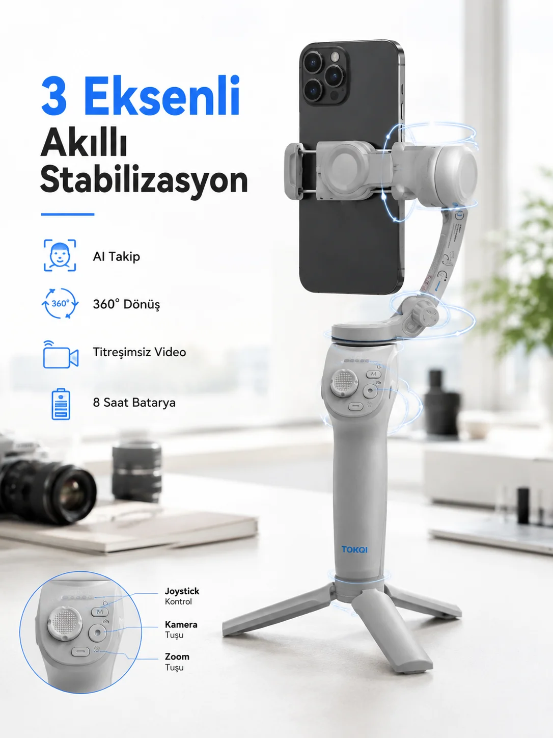 Profesyonel Telefon Gimbal Stabilizer 3 Eksen Sabitleme Çoklu Çekim Modları Uzun Pil Ömürlü Taşınabilir Tasarım
