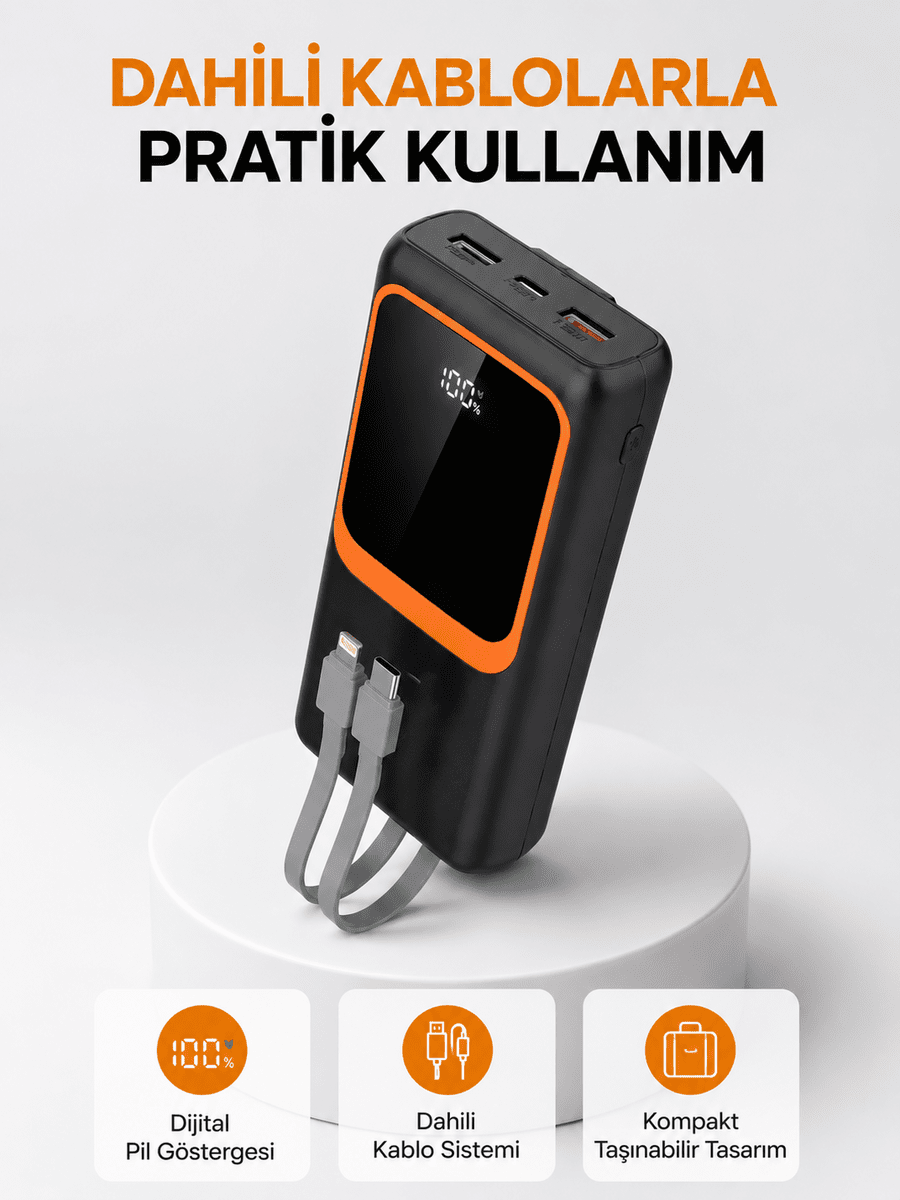 Powerbank 20000 mAh Dijital Ekranlı ve Çok Kablolu Hızlı Şarj Cihazı