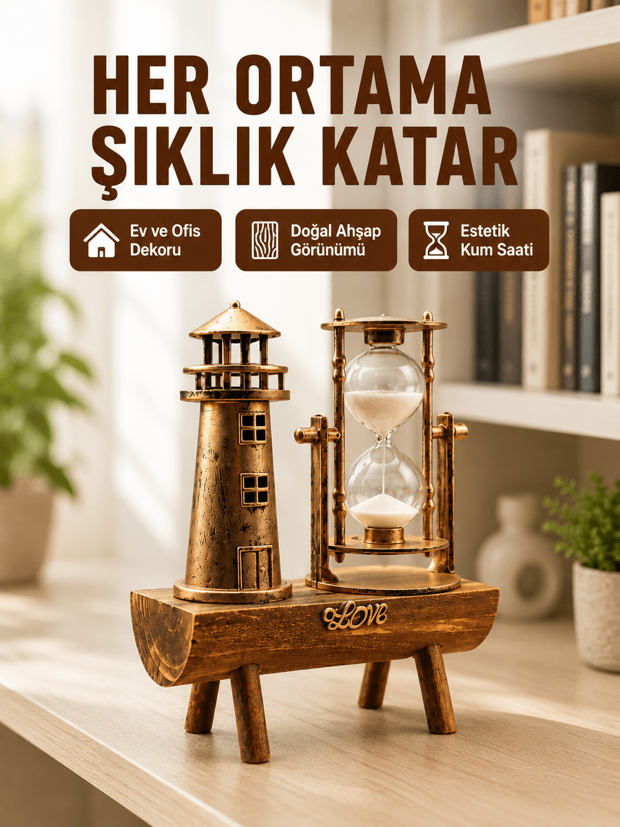 Ahşap Kum Saati ve Deniz Feneri Figürü Bir Arada – Ev & Ofis Dekorasyonu Yeni Nesil