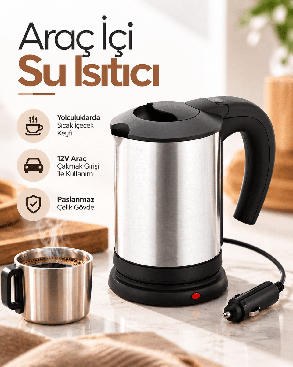 12V Araç Çakmak Girişli Paslanmaz Çelik Araç İçi Su Isıtıcı Seyahat Tipi Kettle