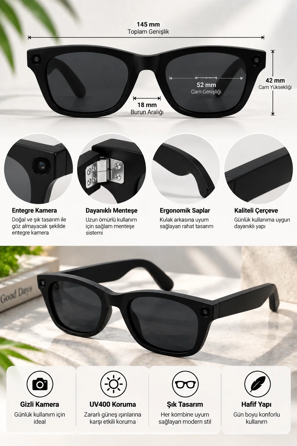 Kameralı Akıllı Güneş Gözlüğü Smart Glasses Anı Kaydetme