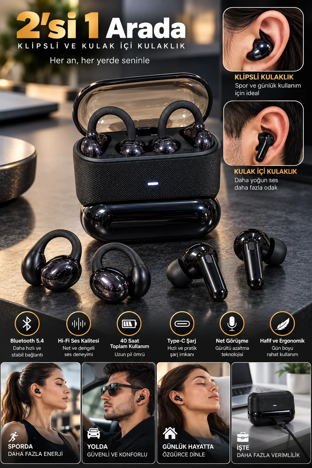 Kablosuz Bluetooth Kulaklık 2’si 1 Arada Klipsli Kulak İçi 4’lü Siyah