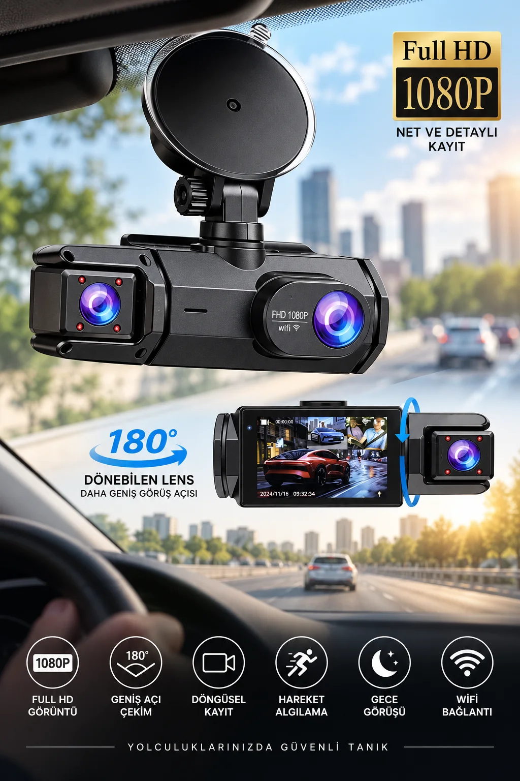 Ön Arka Kamera 1080P Full HD WiFi 180° Geniş Açı Şarjlı